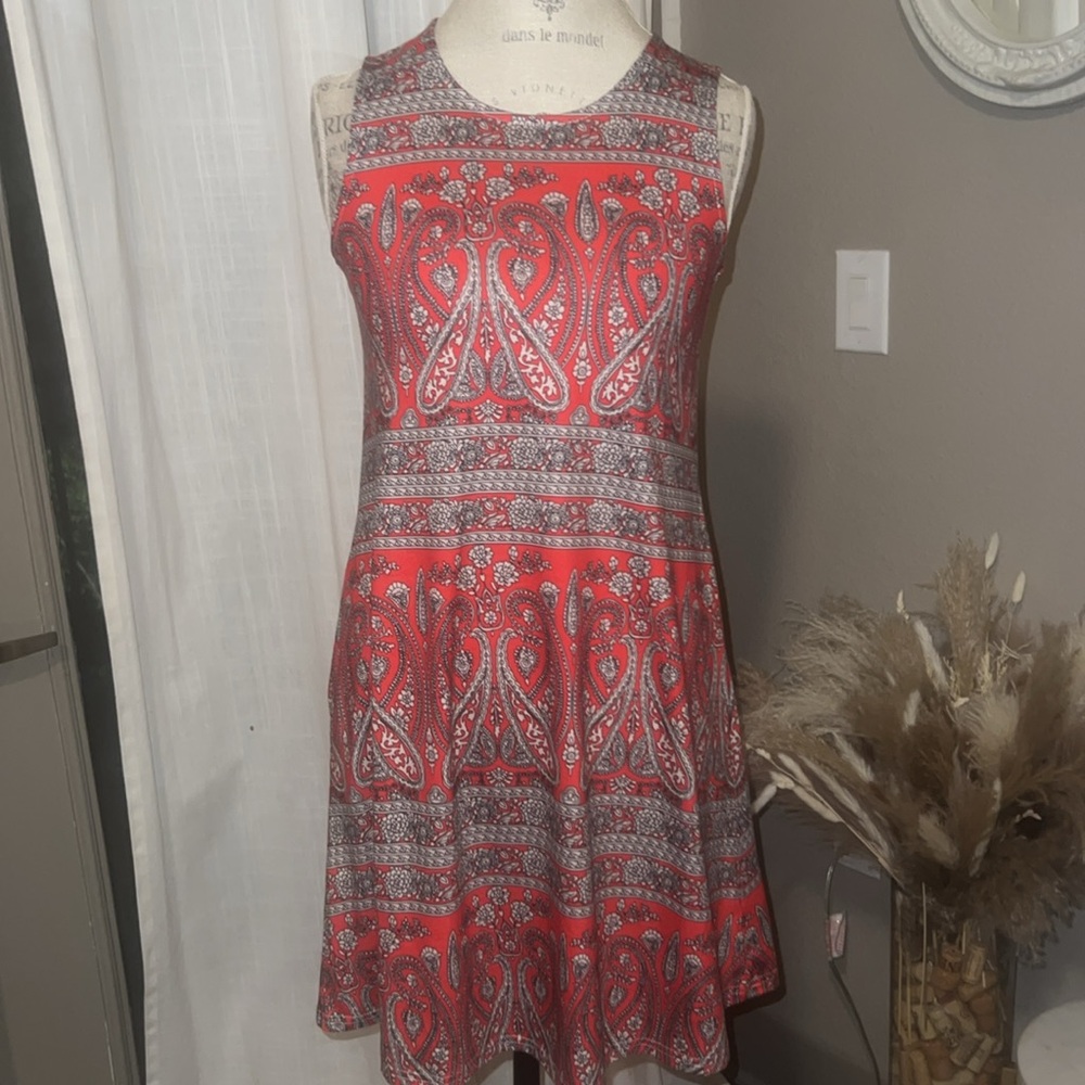 Simple Fun womens casual dress sleeveless hand pockets red black white paisley S